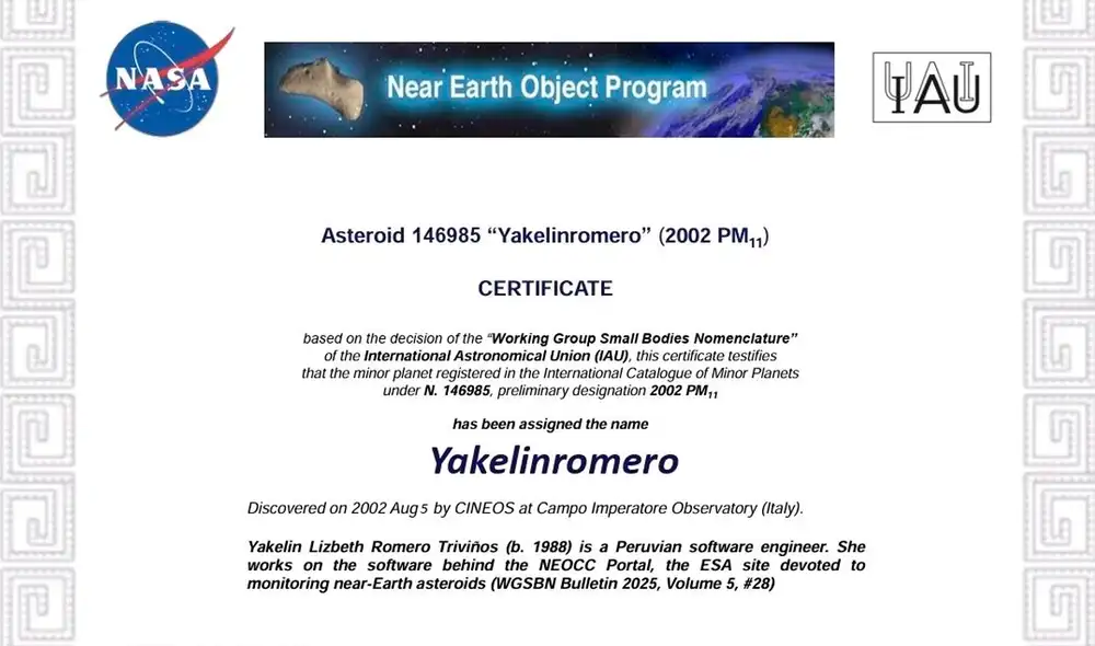 El documento también lleva el sello de la NASA. Foto: IAU El documento también lleva el sello de la NASA. Foto: IAU