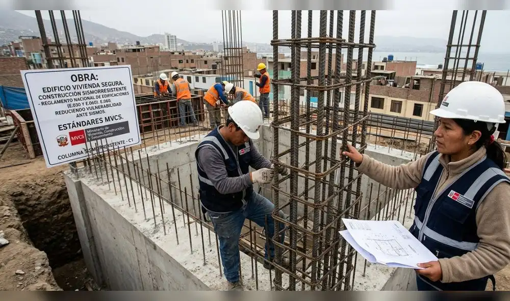 Perú refuerza la construcción sismorresistente con nuevos criterios del MVCS. Fuente: composición IA. construccion-sismoresistente-peru