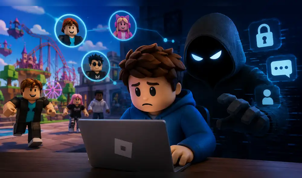 Los delincuentes en Roblox utilizan identidades falsas para acercarse a los niños, ganando su confianza de forma gradual y escalando sus exigencias para manipularlos psicológicamente. Foto: IA riesgos-de-roblox-para-niños