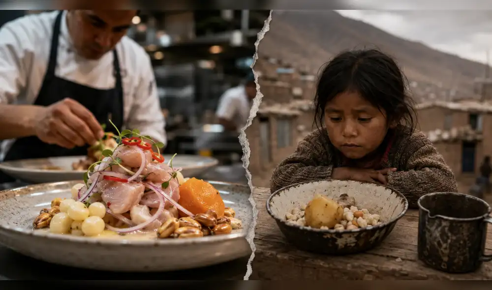 Mientras la gastronomía peruana triunfa en el mundo, miles de familias aún luchan por garantizar un plato de comida cada día. Foto: IA inseguridad-alimentaria-en-peru