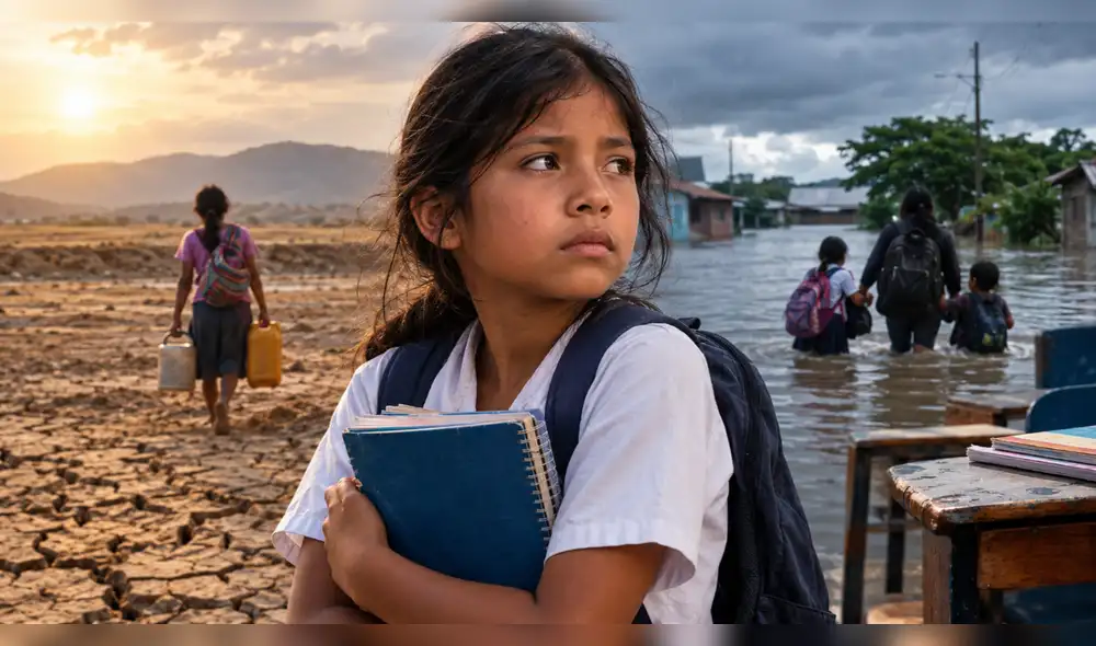 La crisis climática provoca que muchas menores asuman responsabilidades domésticas debido a la perdida de recursos familiares, lo que impacta en su tiempo de estudio y puede llevar a la deserción escolar. Foto: IA