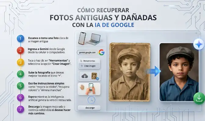Así funciona el paso a paso para restaurar fotos antiguas con las herramientas de inteligencia artificial integradas en Gemini.