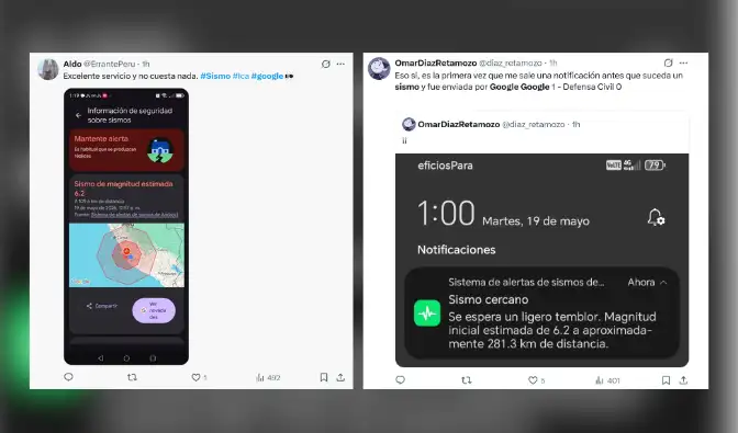 Usuarios en X reportaron que la alerta de sismos de Google se activó segundos antes del movimiento telúrico en Perú. Usuarios en X reportaron que la alerta de sismos de Google se activó segundos antes del movimiento telúrico en Perú.